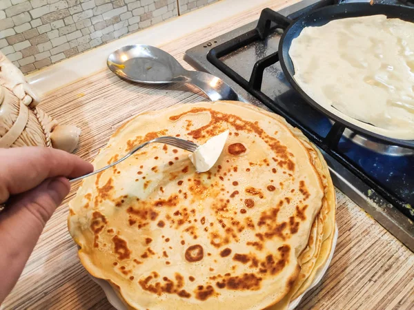 Läckra Pannkakor Matlagning Pannkakor Pannkakor Stekpanna — Stockfoto