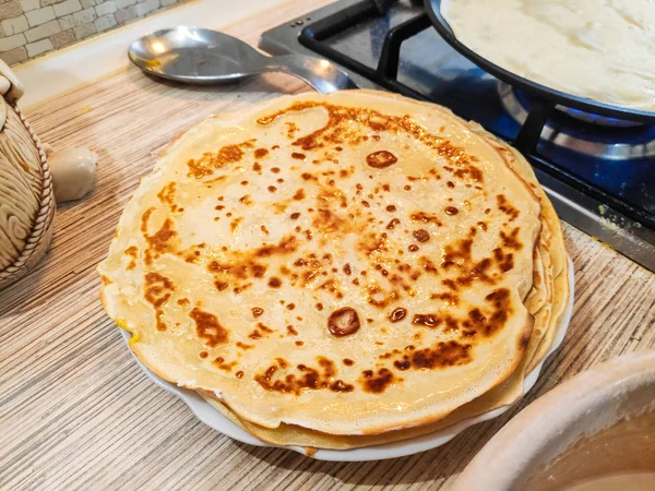 Läckra Pannkakor Matlagning Pannkakor Pannkakor Stekpanna — Stockfoto