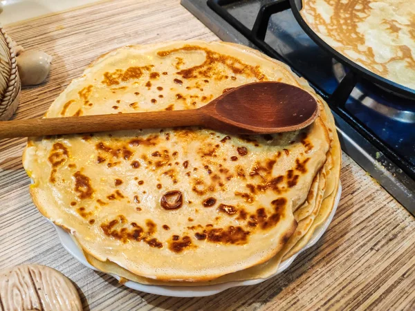 Läckra Pannkakor Matlagning Pannkakor Pannkakor Stekpanna — Stockfoto