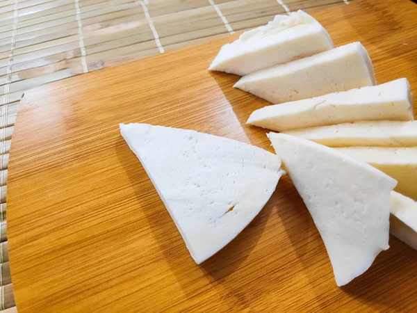 Slices White Cheese Feta Cheese Cheese Sliced Plate — Stock Photo, Image