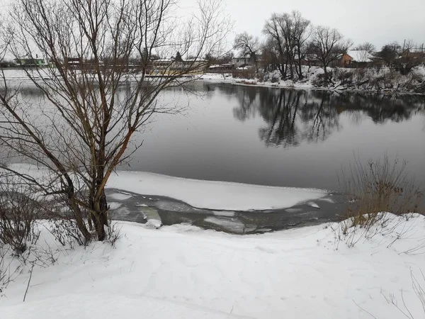 Beautiful Winter Landscape Banks River Lot White Snow River — Stock Photo, Image