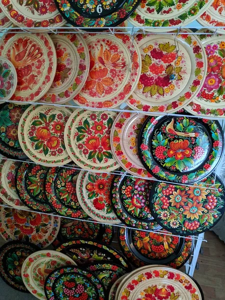 Beautiful Art Painting Wood Handmade Ethnic Pattern Pattern Petrikovskaya Painting — Stock Photo, Image