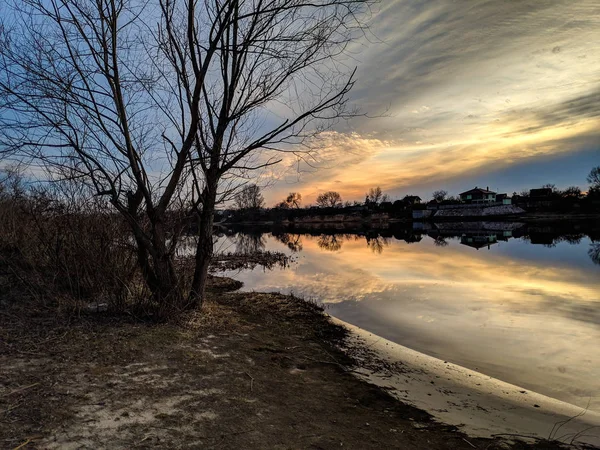 Very Beautiful Sunset River Clouds Reflected Water Colorful Evening Landscape — Stock Photo, Image