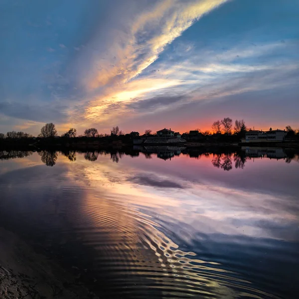 Very Beautiful Sunset River Clouds Reflected Water Colorful Evening Landscape — Stock Photo, Image