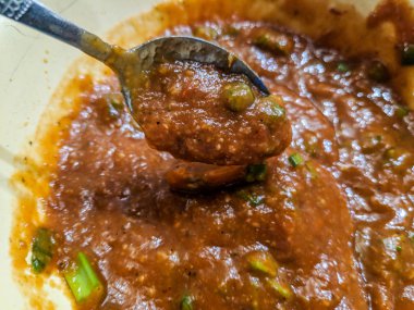 Lezzetli baharatlı domates sosu, çekim görünümü