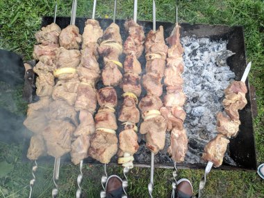 yangında lezzetli et, ateşte şişler, ızgara et, kömür de pişirme