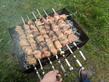 yangında lezzetli et, ateşte şişler, ızgara et, kömür de pişirme