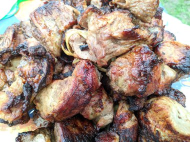 ateşte lezzetli et, tabakta şiş kebap, ızgara et