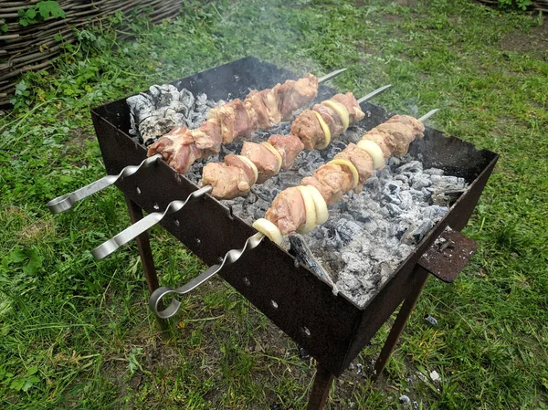 火上美味的肉 火上的烤肉 木炭烹饪 — 图库照片