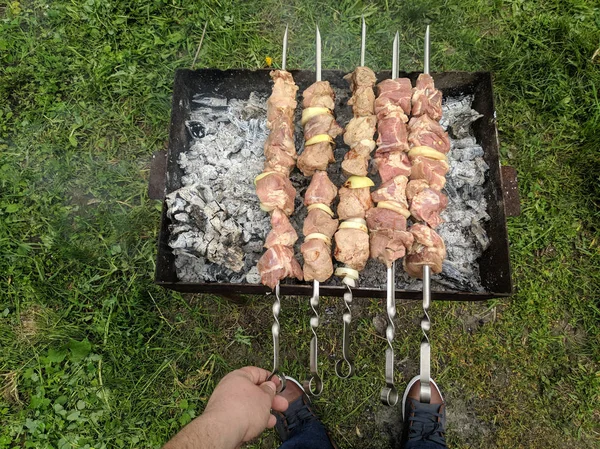 Carne Sabrosa Fuego Pinchos Fuego Carne Parrilla Cocinar Sobre Carbón —  Fotos de Stock