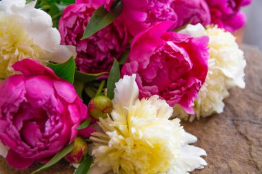 Beyaz ve pembe şakayıklar, bir buket bahar çiçeği, şakayık yaprakları