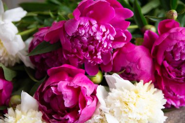 Beyaz ve pembe şakayıklar, bir buket bahar çiçeği, şakayık yaprakları