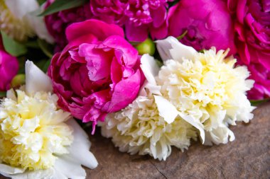 Beyaz ve pembe şakayıklar, bir buket bahar çiçeği, şakayık yaprakları