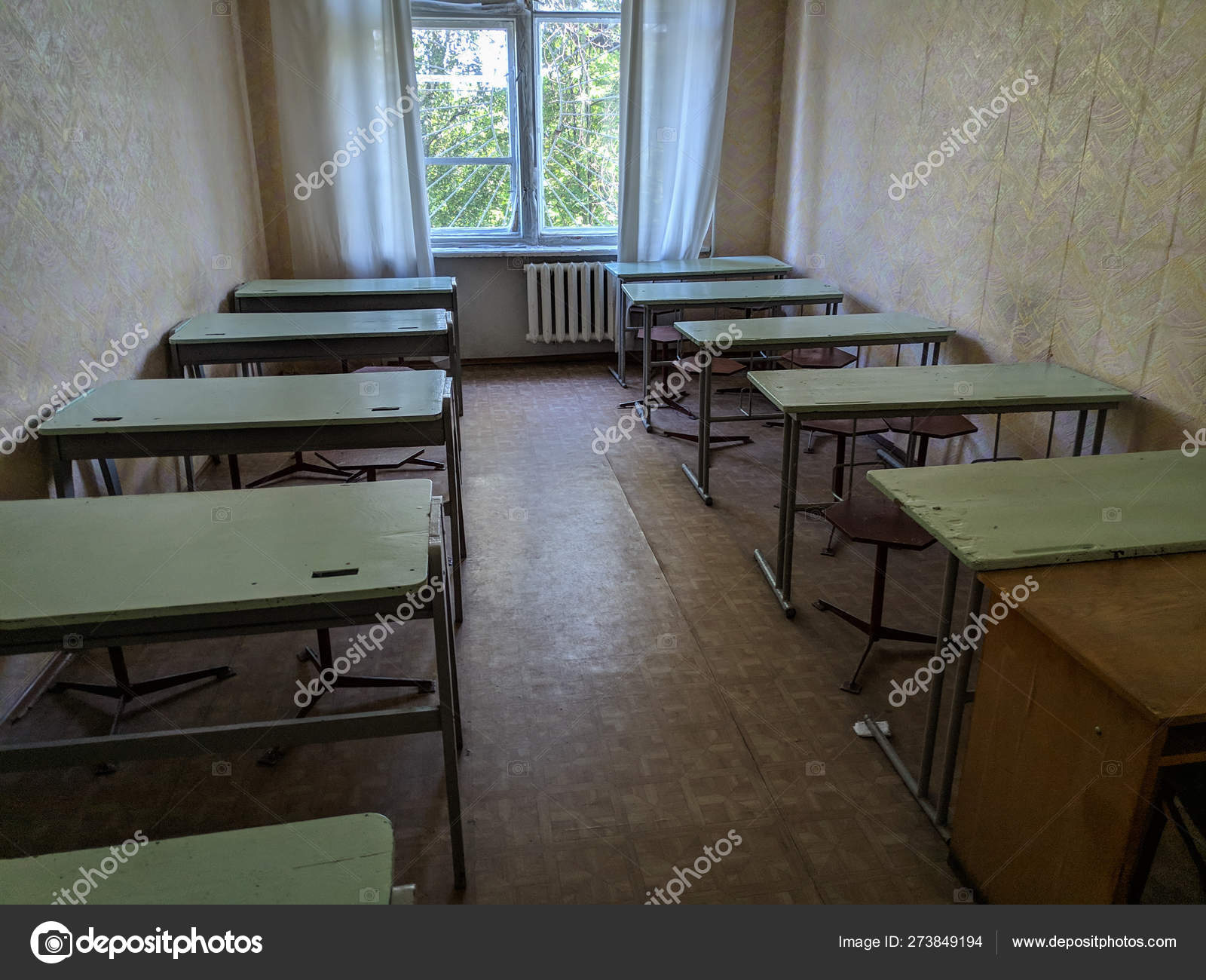 Vintage Tables Chairs Old Classroom Lecture Hall Student Audience