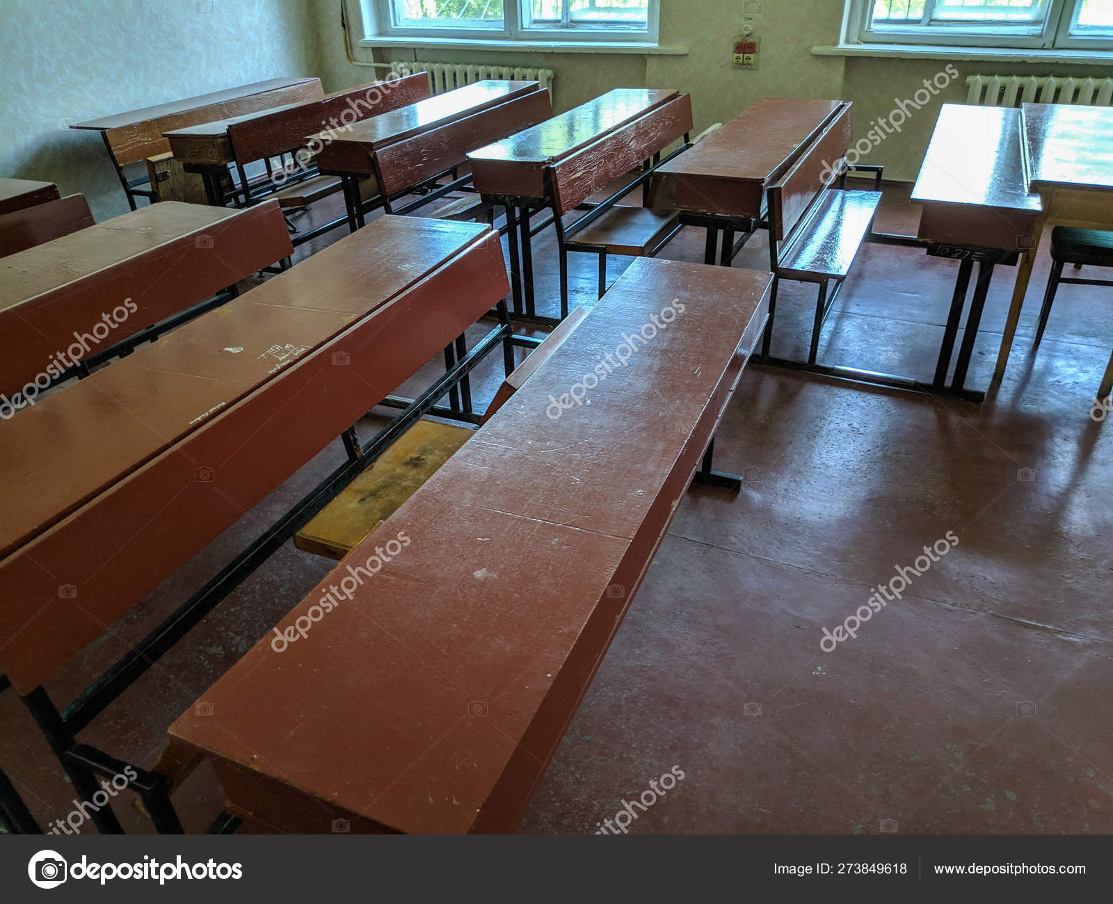 Vintage Tables Chairs Old Classroom Lecture Hall Student Audience