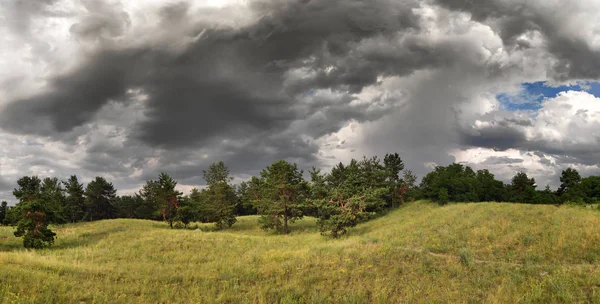 Pięknym Letnim Krajobrazie Naturalnej Tapety Panoramy Lasu Piękne Chmury Niebie — Zdjęcie stockowe