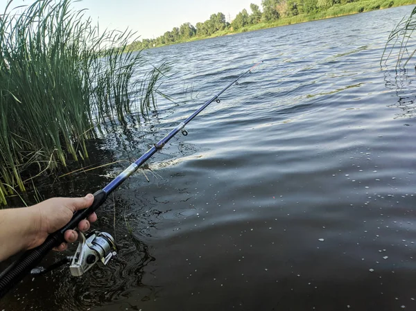 Angelrute Der Hand Angeln Auf Dem Fluss — Stockfoto