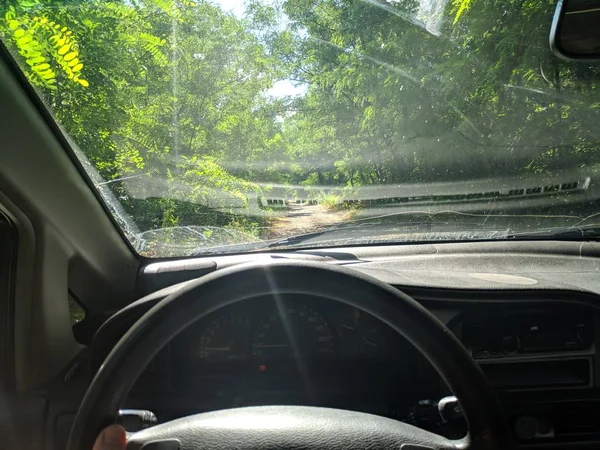 Dentro Del Coche Conductor Detrás Del Volante Coche Viajar Coche — Foto de Stock