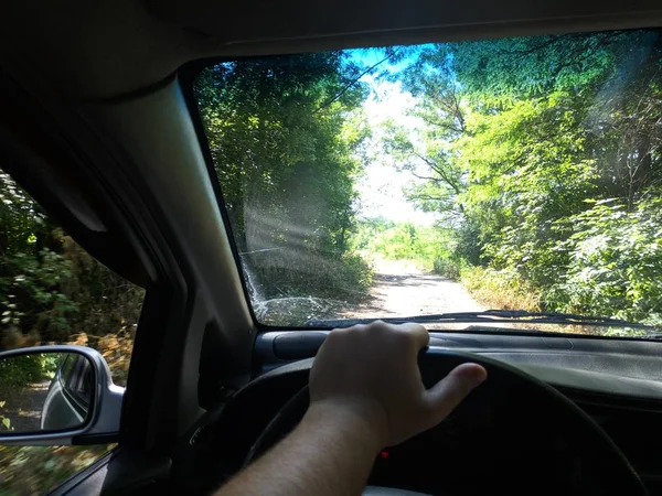 Dentro Del Coche Conductor Detrás Del Volante Coche Viajar Coche —  Fotos de Stock