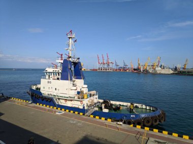 Odessa city, Ukrayna, 25.07.2019. Odessa deniz limanı. Limandaki gemiler.