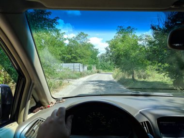 bir arabada seyahat. Sürücü sürüyor. yaz yolu.