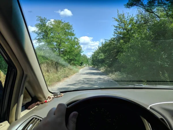 Путешествовать Машине Водитель Рулём Летняя Дорога — стоковое фото