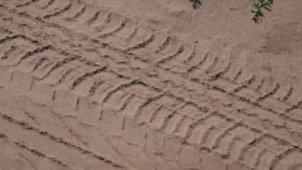 Banden Merken Het Zand Sporen Van Auto — Stockvideo