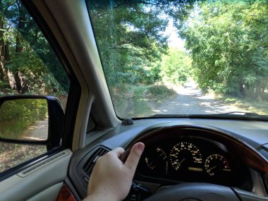 Bir arabanın içinde sürme. araç iç. sürücü toprak bir yolda sürmek.