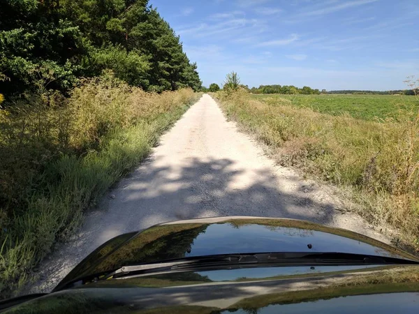 Intérieur Une Voiture Intérieur Véhicule Conducteur Roule Sur Chemin Terre — Photo