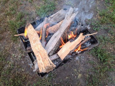 odun yanıyor. Ateş. bir barbekü yakacak odun ve yangın