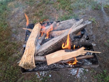 odun yanıyor. Ateş. bir barbekü yakacak odun ve yangın