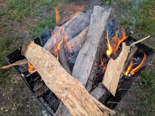 木柴在燃烧 木柴和火在烧烤 — 图库照片