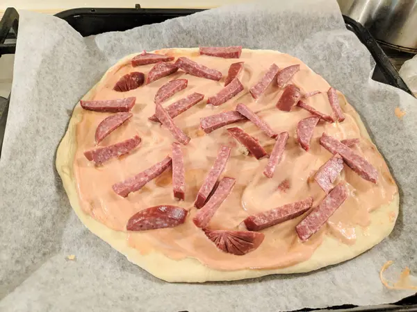 Cooking Pizza Home Dough Pizza Toppings — Stock Photo, Image