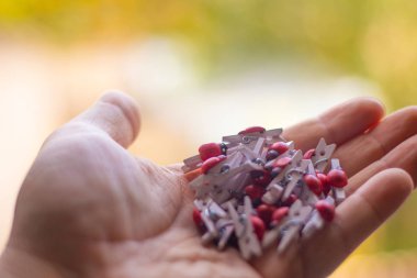 Küçük tahta mandallar. Elde mandallar