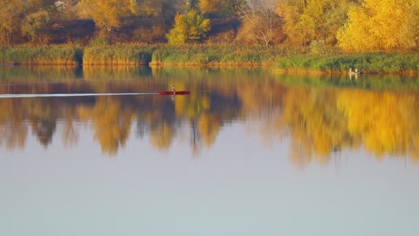 Kayaking Kayaking Training Boat Oars Water Athlete Floating Boat — Stockvideo