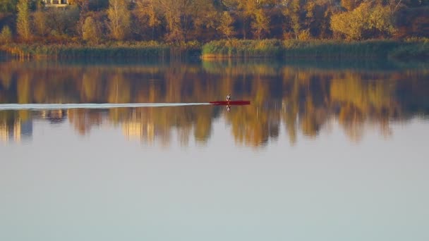 Kajakken Kajaktraining Boot Met Riemen Het Water Atleet Drijft Een — Stockvideo