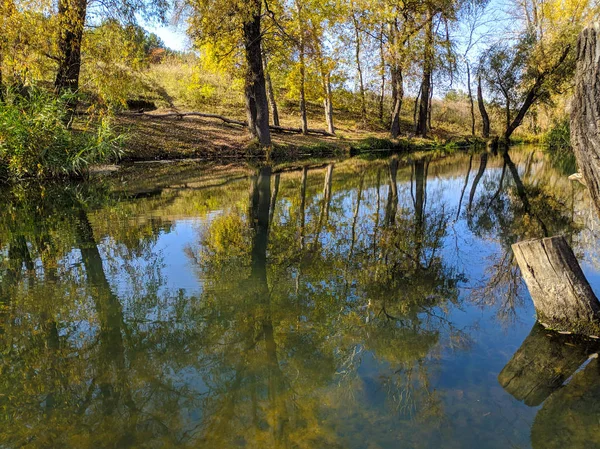 Paisaje Otoño Con Río Reflexión Los Árboles Agua — Foto de Stock