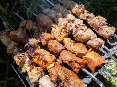 ateşte et pişirmek. Lezzetli kebap.