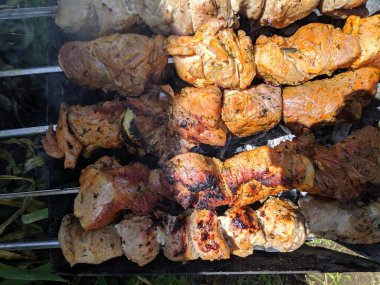 ateşte et pişirmek. Lezzetli kebap.
