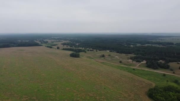 高さの曇りの風景 無人機から 上からの畑や森は — ストック動画