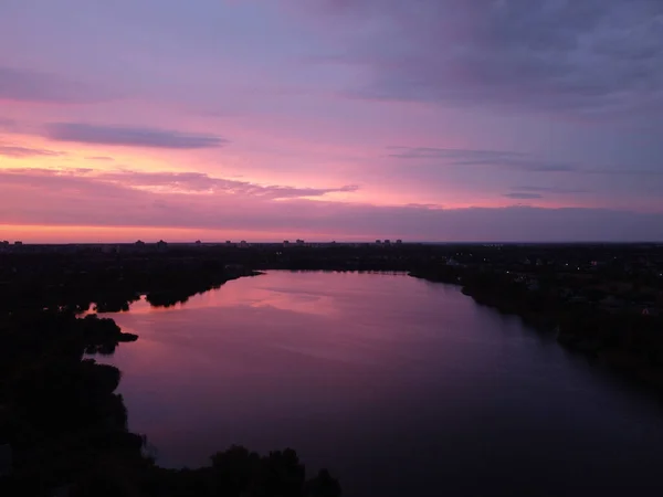 beautiful purple sunset. landscape at sunset from the air.