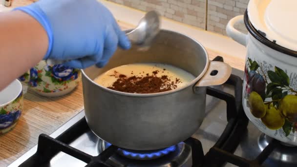 在家里做可可 美味的牛奶饮料 巧克力鸡尾酒 — 图库视频影像