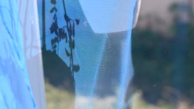 Duvardaki gölge. mavi arka plan. nesnelerin gölgesi. Şeffaf kumaş