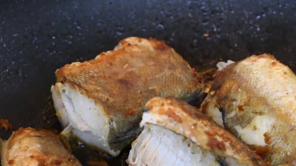 Poisson Frit Dans Une Casserole Morceaux Merlu Frit — Video