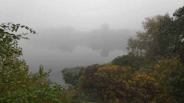 多雾的多云的风景 大雾笼罩在水面上 走在狭窄的小径上 多雾的道路 — 图库视频影像