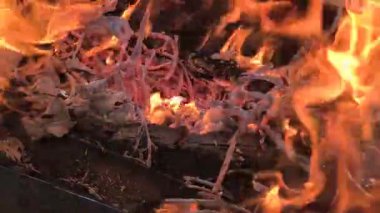 Yakacak odun yakıyor. Ağır çekim ve alevlerle ızgarada yanan çok sıcak kömürün yakın çekimi. Yakın plan, kömürleşmiş kütükler yanıyor. Ateş alevi, rahat ev, 4K,