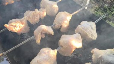 Şişe kebap. Izgara Lezzetli Barbekü. Kömür Souvlaki 'de Piknik yaparken Metal Biftek Şişi. Street Food Grill 'de. Izgarada marine edilmiş Shashlik Souvlaki. Izgara barbekü eti ateşte..