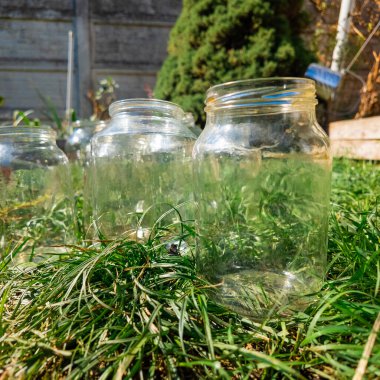Konserve için cam kavanozlar. Boş cam kavanozlar ev konserveleri ve yiyecek depolama için bir mağaza rafına dizilmiş. Boş bir cam kavanozu tutan el.