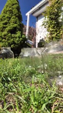 Konserve için cam kavanozlar. Boş cam kavanozlar ev konserveleri ve yiyecek depolama için bir mağaza rafına dizilmiş. Boş bir cam kavanozu tutan el.