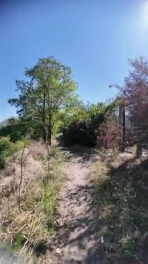 nature walk. 4k video 60 fps. wide angle. narrow path. nature background. natural landscape. hiking. walk. first person video. POV. blue sky. bright sunny day.